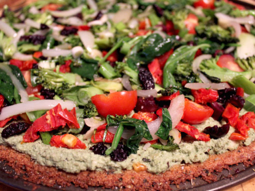 Quinoa Crust Pizza with Raw Cultured Pesto Sauce (Vegan/Gluten-Free)